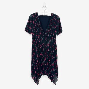 The‎ Kooples Pleated Short Dress Size L Dark Navy Blue Cherry Girl Flowy Summer